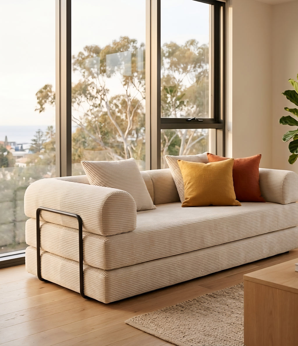 Boneless Couch Australia — Corduroy sofa in a modern Australian apartment